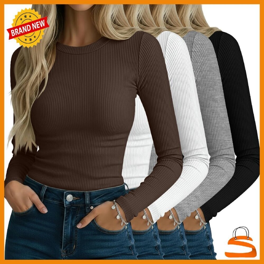 4 Pack Women's Ribbed Long Sleeve Cotton Tees Slim Fit Stretch Knit